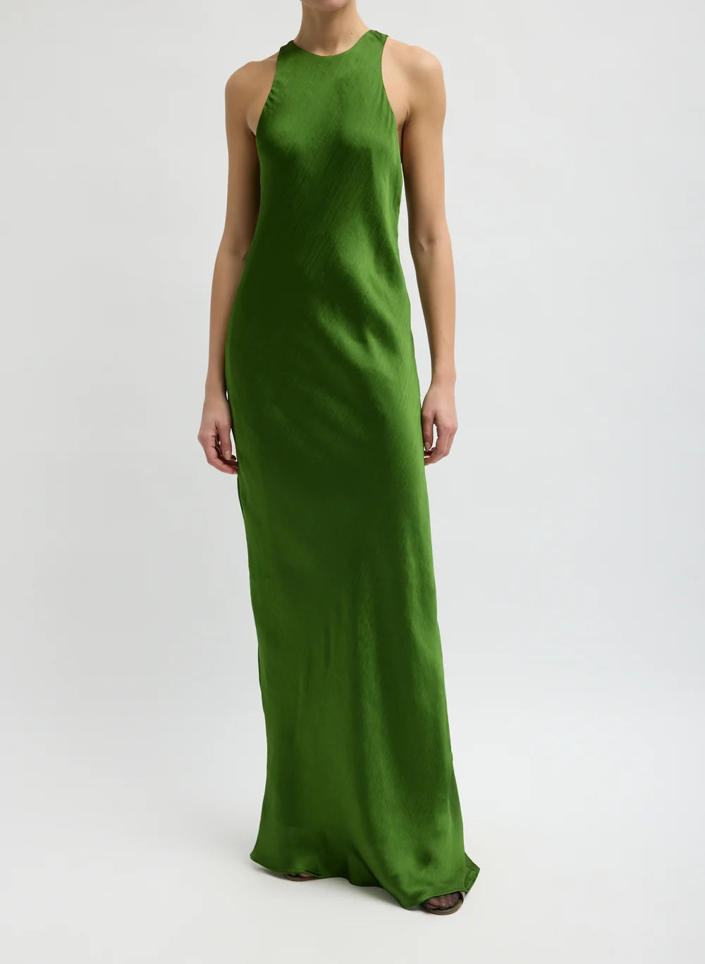 Matte Satin Plisse Maxi Bias Dress - Emerald
