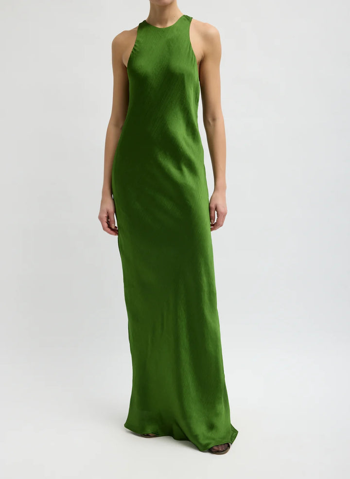 Matte Satin Plisse Maxi Bias Dress - Emerald