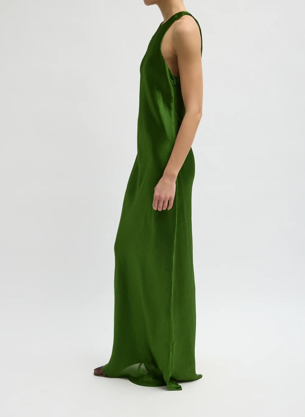 Matte Satin Plisse Maxi Bias Dress - Emerald