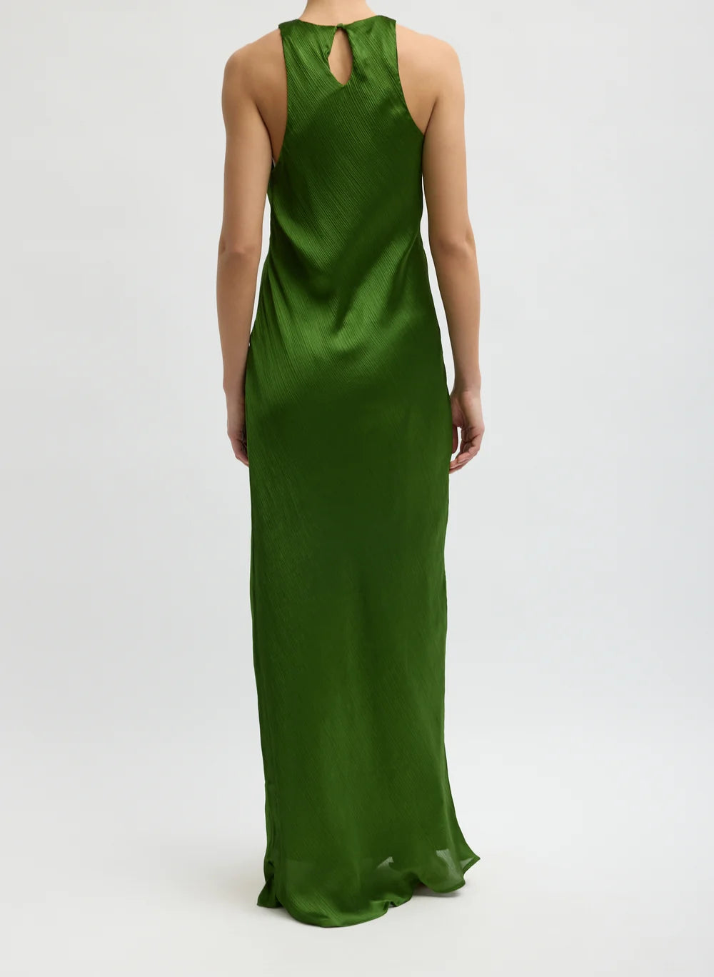 Matte Satin Plisse Maxi Bias Dress - Emerald