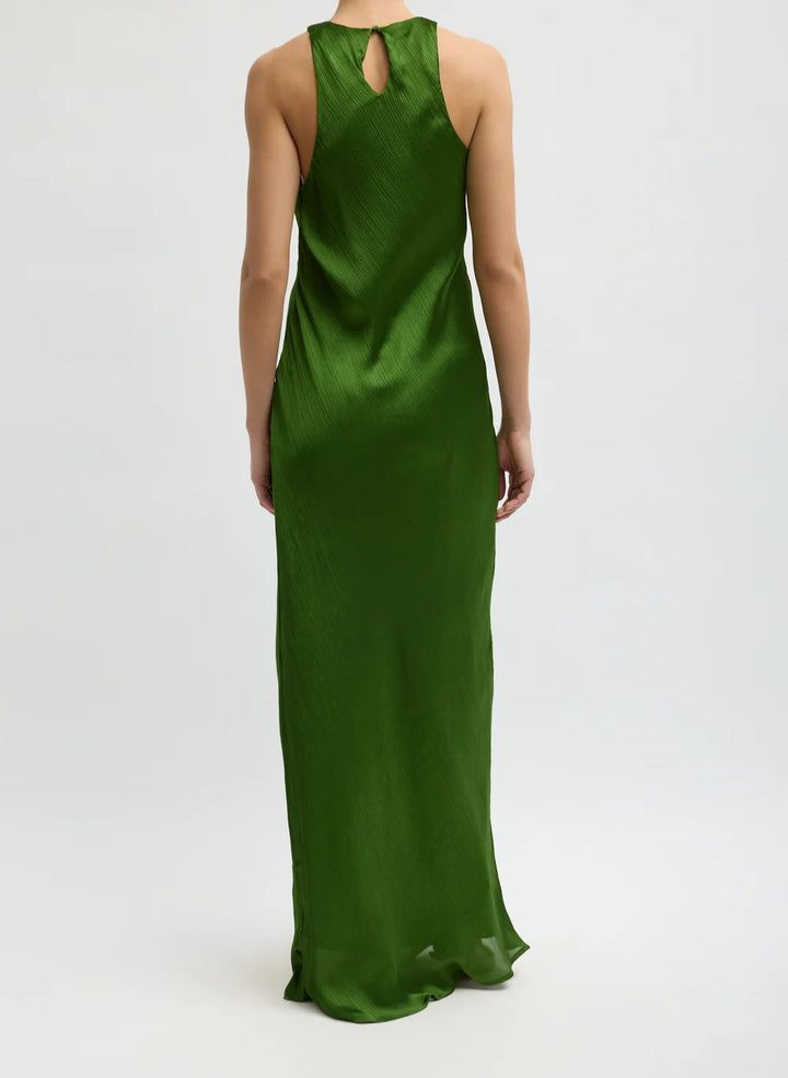 Matte Satin Plisse Maxi Bias Dress - Emerald