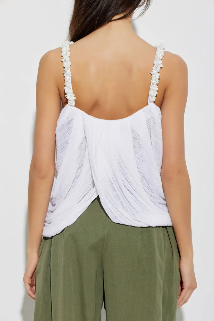 Draped Beaded-Strap Top - White