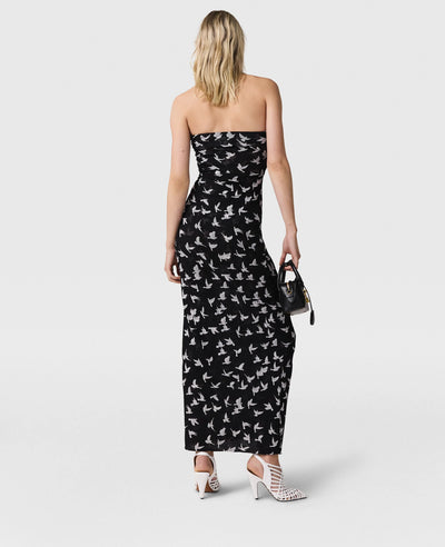Dove Print Mesh Strapless Midi Dress - Black/White