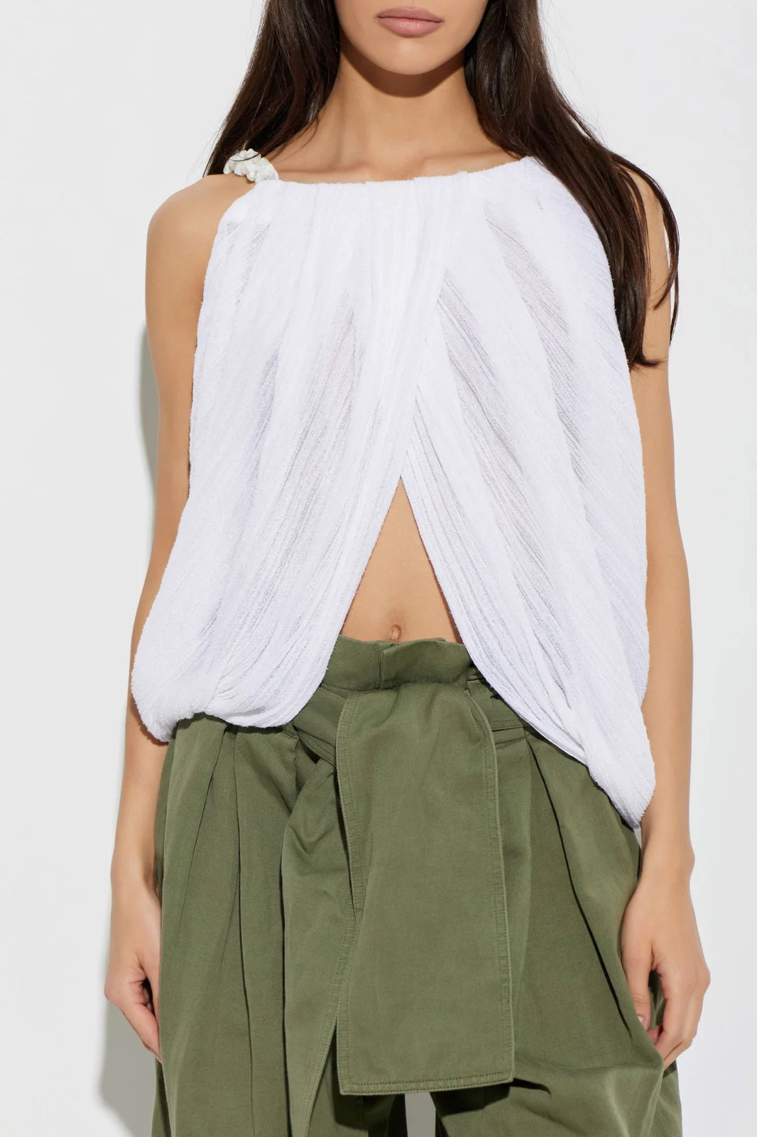 Draped Beaded-Strap Top - White