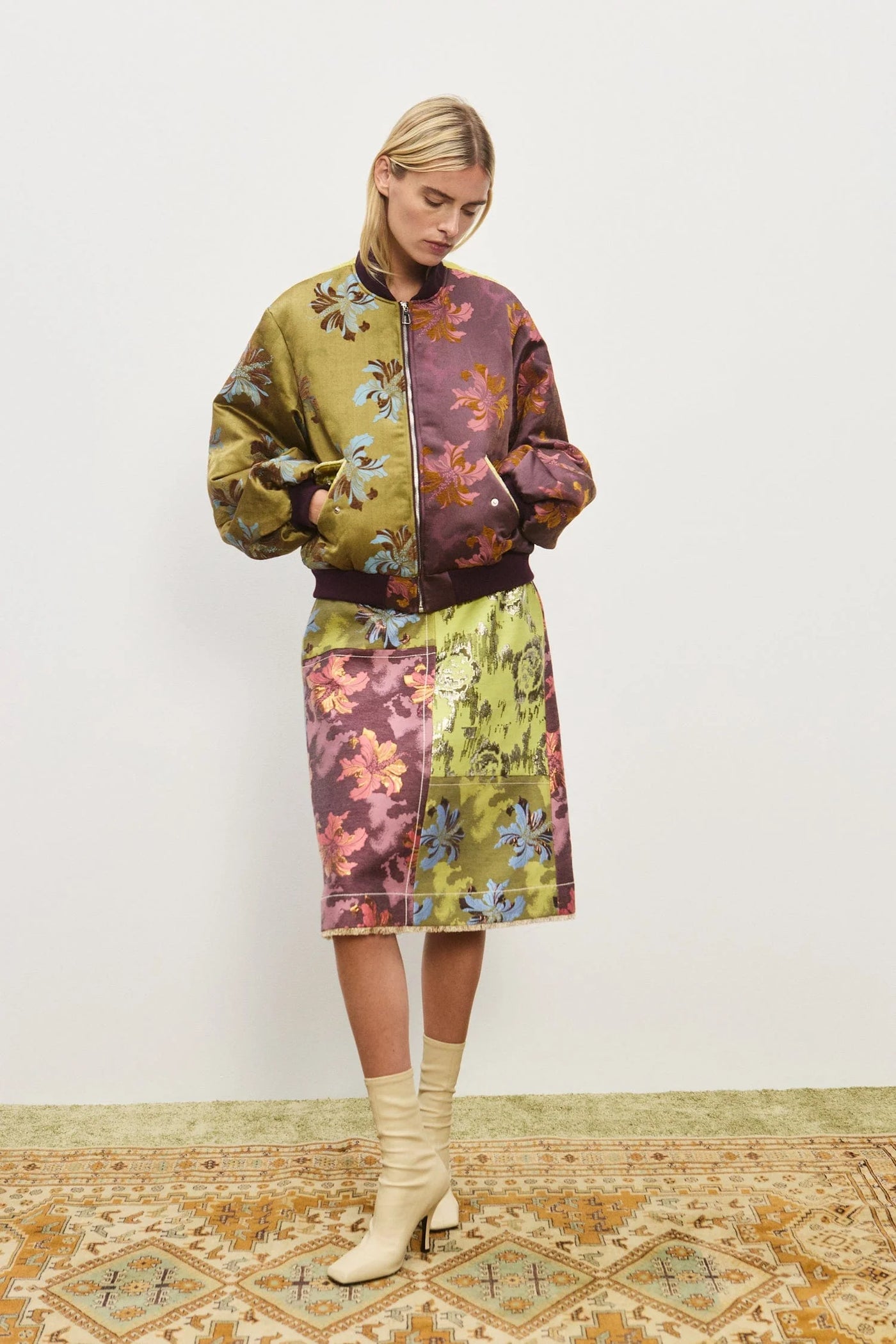 ADRIANA JACQUARD BOMBER JACKET - Brown/Green Multi