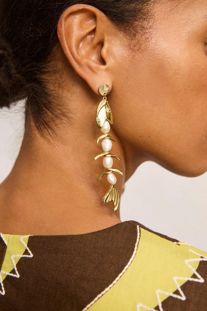 Calypso Pearl Fish Drop Earrings - Gold