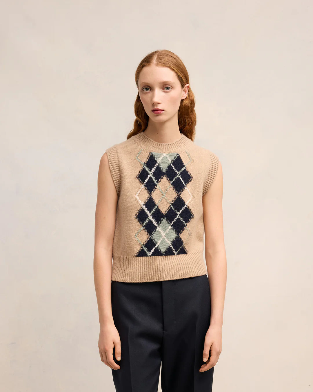 Argyle Sleeveless Sweater - Nude/Navy/Green Aqua