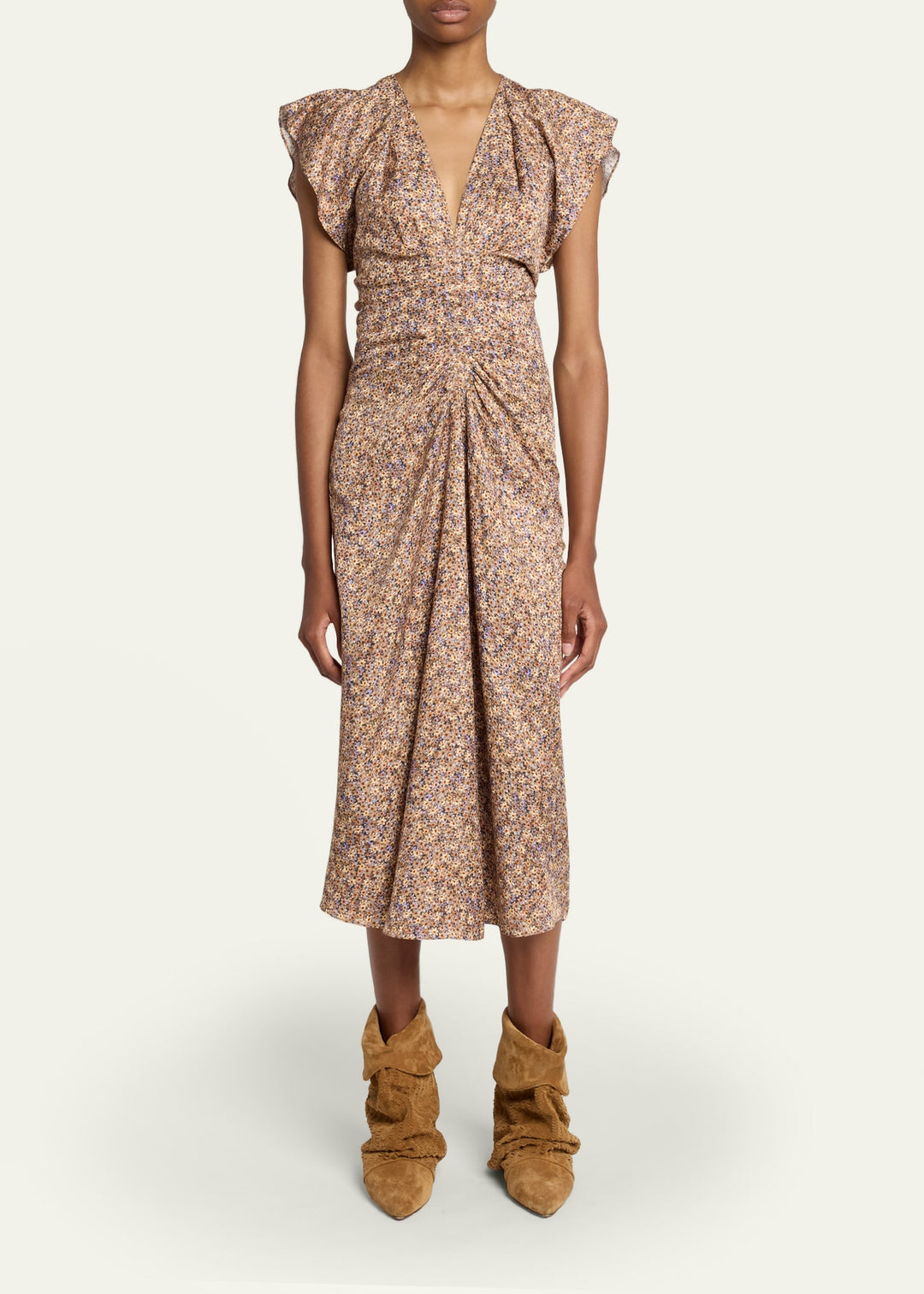 Lyndsay Floral Satin Flutter-Sleeve Midi Dress - Topaz