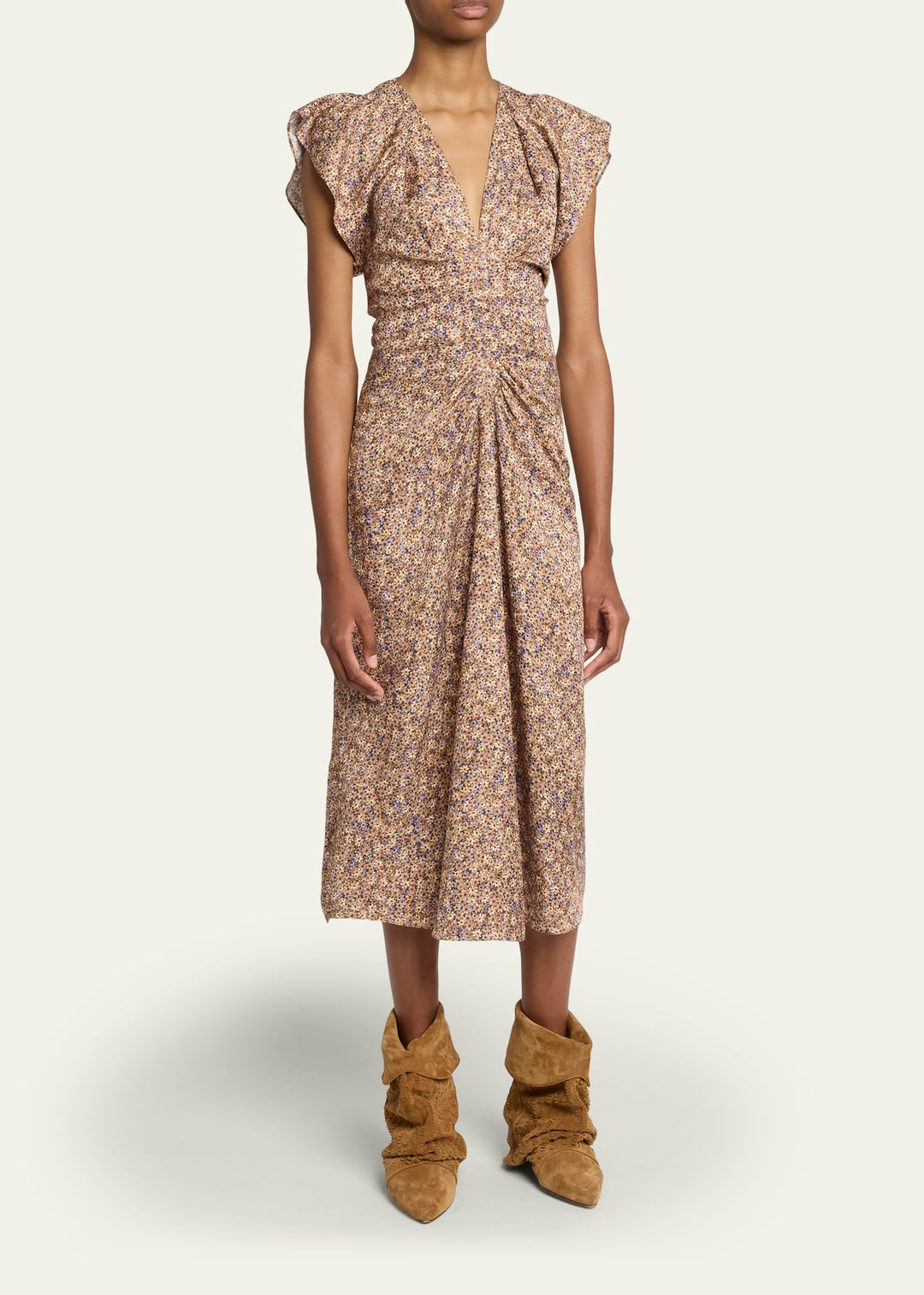 Lyndsay Floral Satin Flutter-Sleeve Midi Dress - Topaz