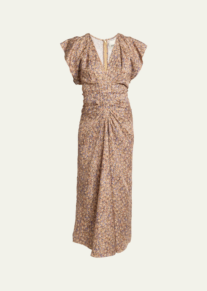 Lyndsay Floral Satin Flutter-Sleeve Midi Dress - Topaz