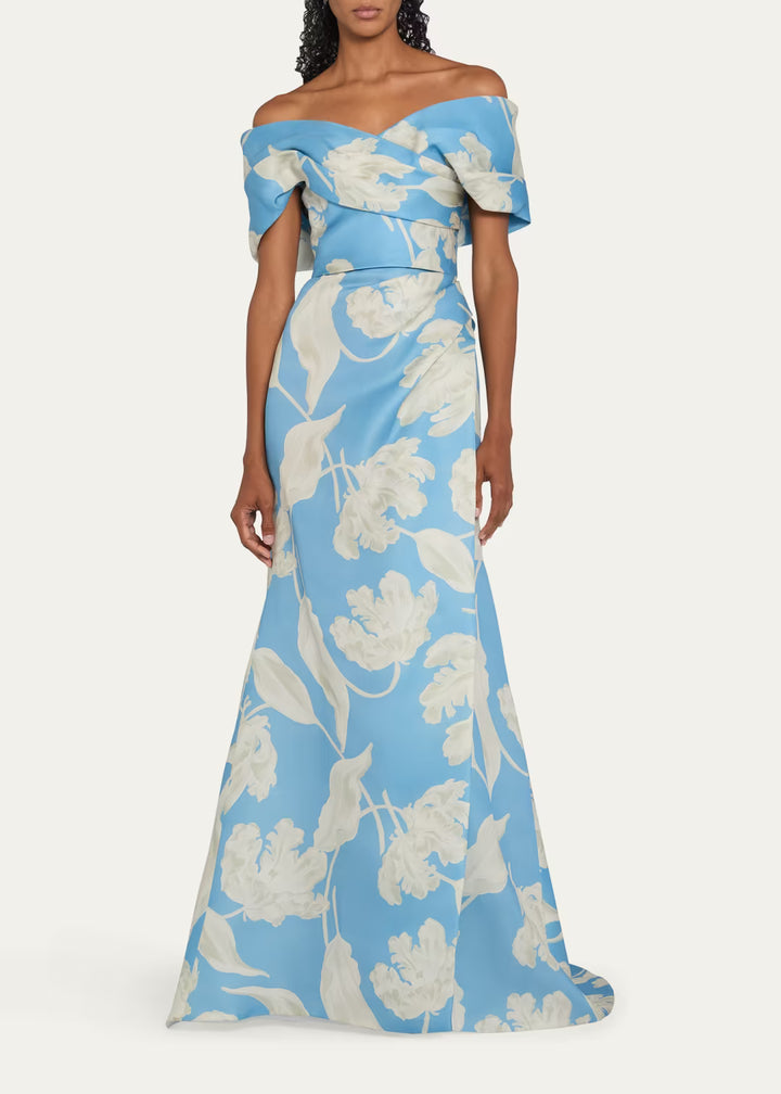 Floral Silk Gazar Gown - Blue Print