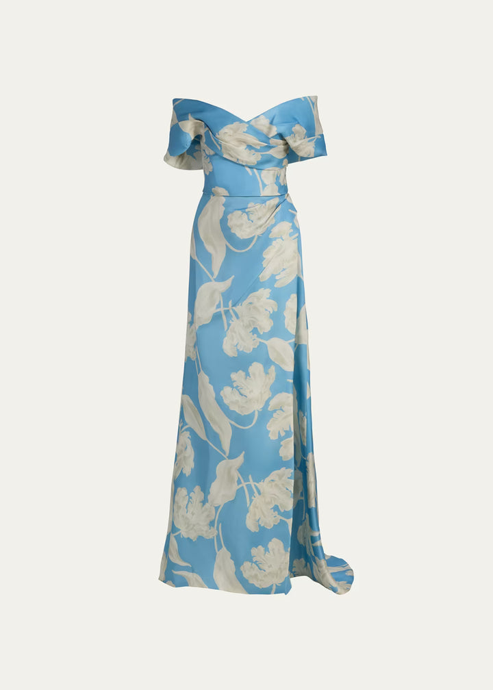Floral Silk Gazar Gown - Blue Print