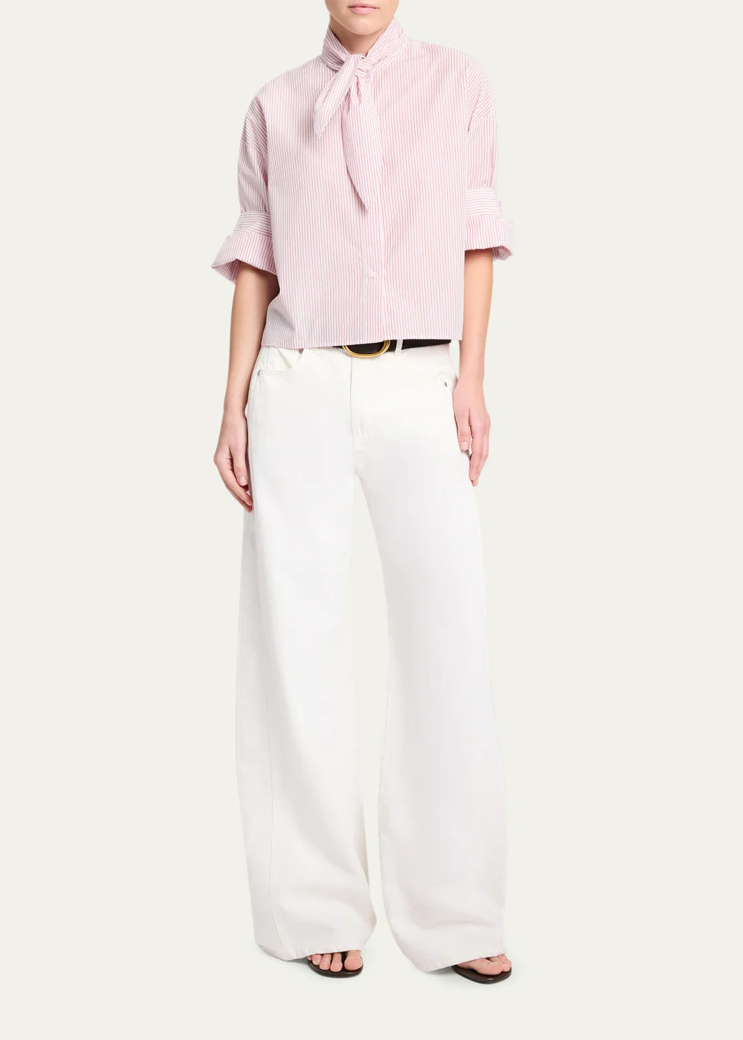 Tie One On Striped Button-Front Shirt - White/Red