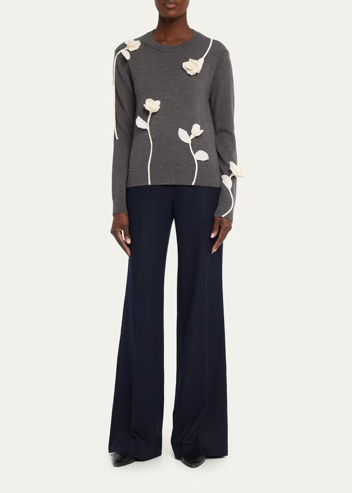 Floral Appliqué Wool Sweater - Grey Multi