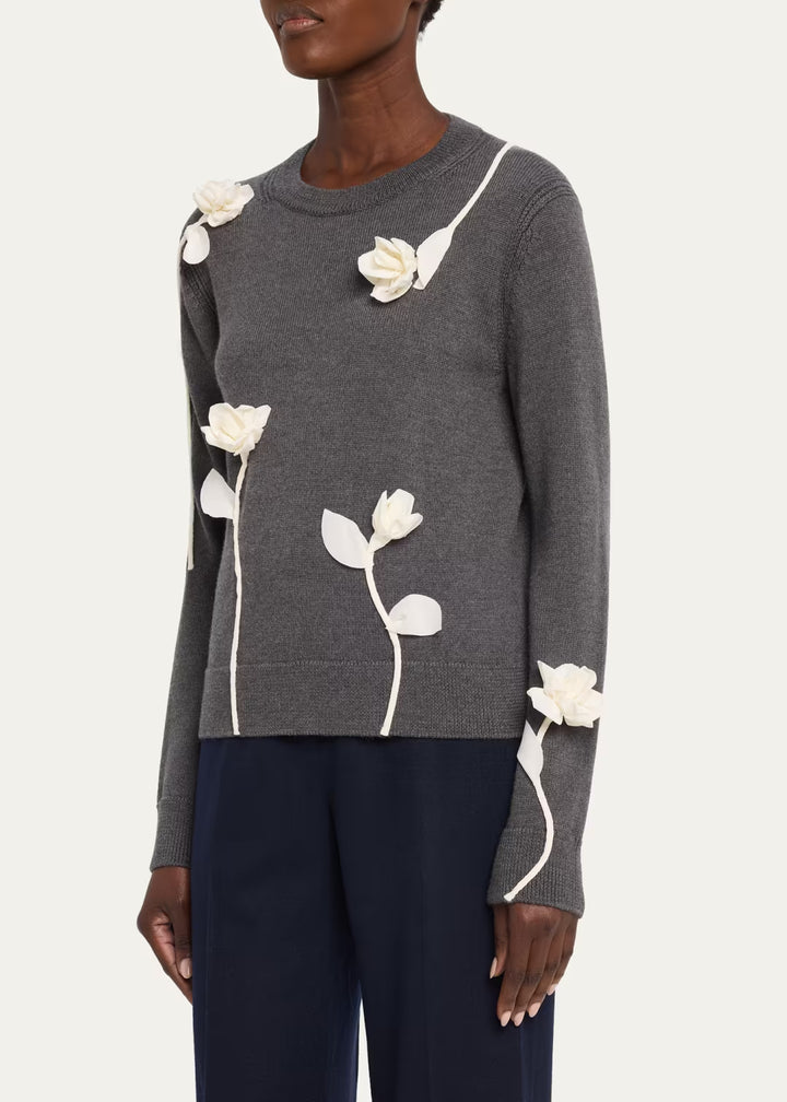 Floral Appliqué Wool Sweater - Grey Multi