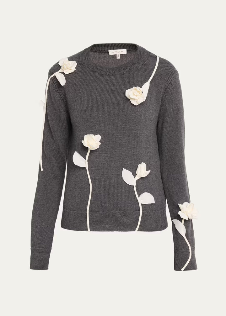 Floral Appliqué Wool Sweater - Grey Multi