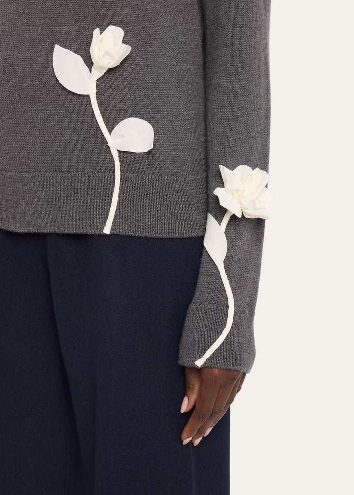 Floral Appliqué Wool Sweater - Grey Multi