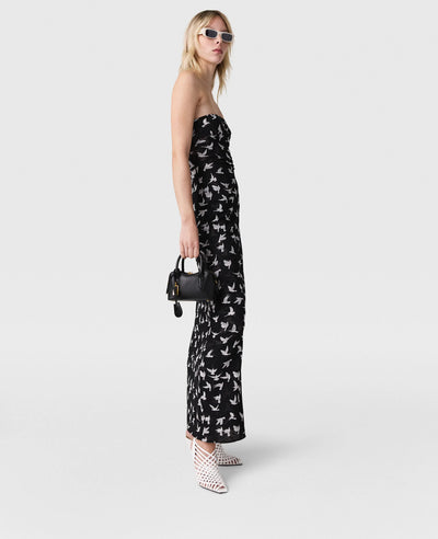 Dove Print Mesh Strapless Midi Dress - Black/White