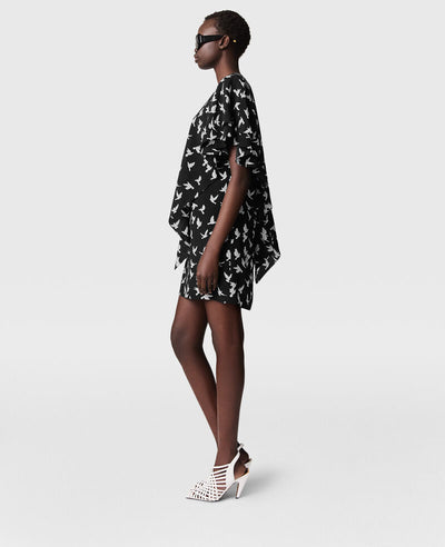 Layered Short-Sleeve Dove Print Mini Dress - Black/White