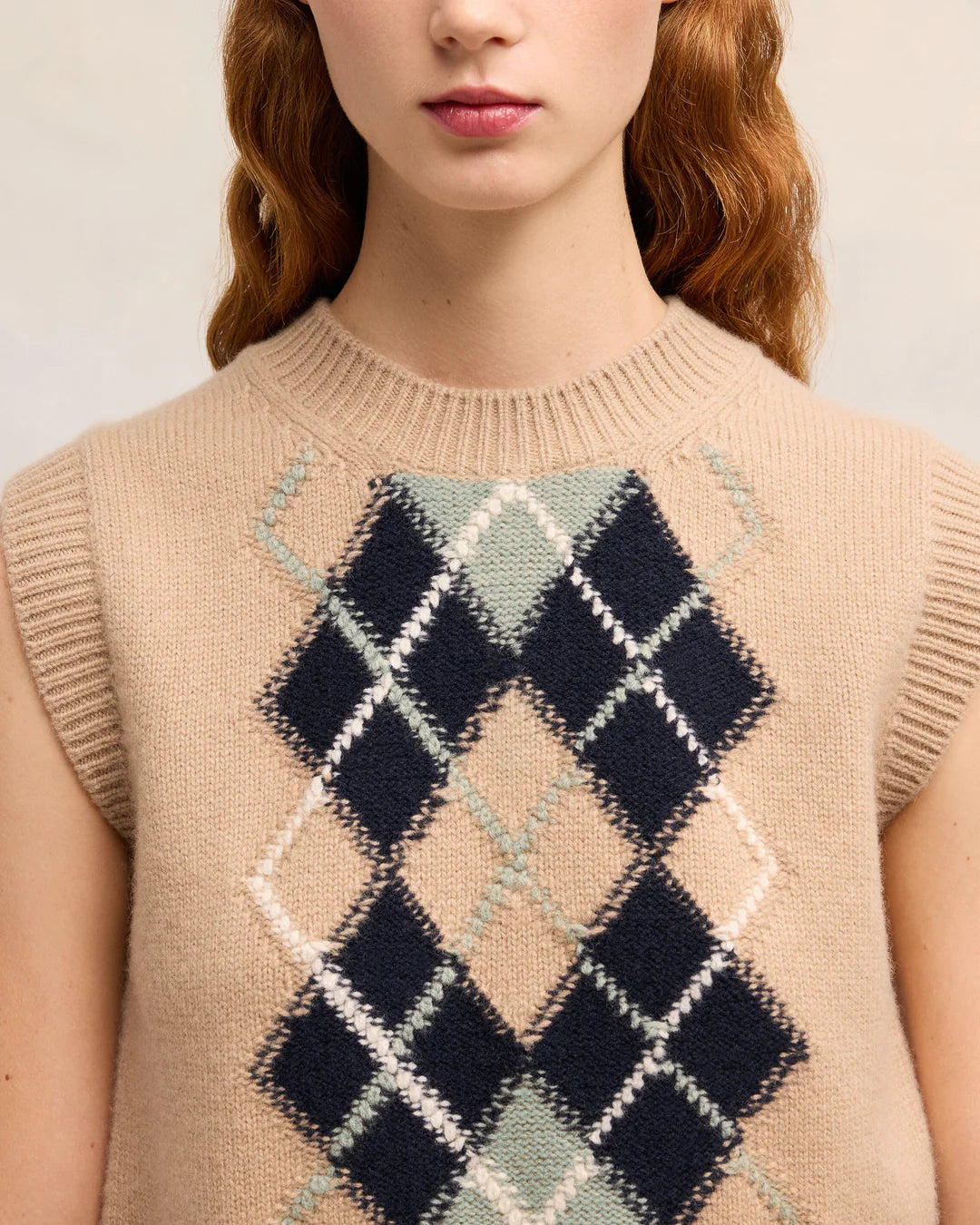 Argyle Sleeveless Sweater - Nude/Navy/Green Aqua