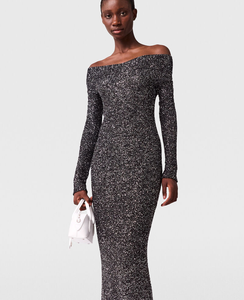 Sequin Off-Shoulder Floor-Length Dress - Black