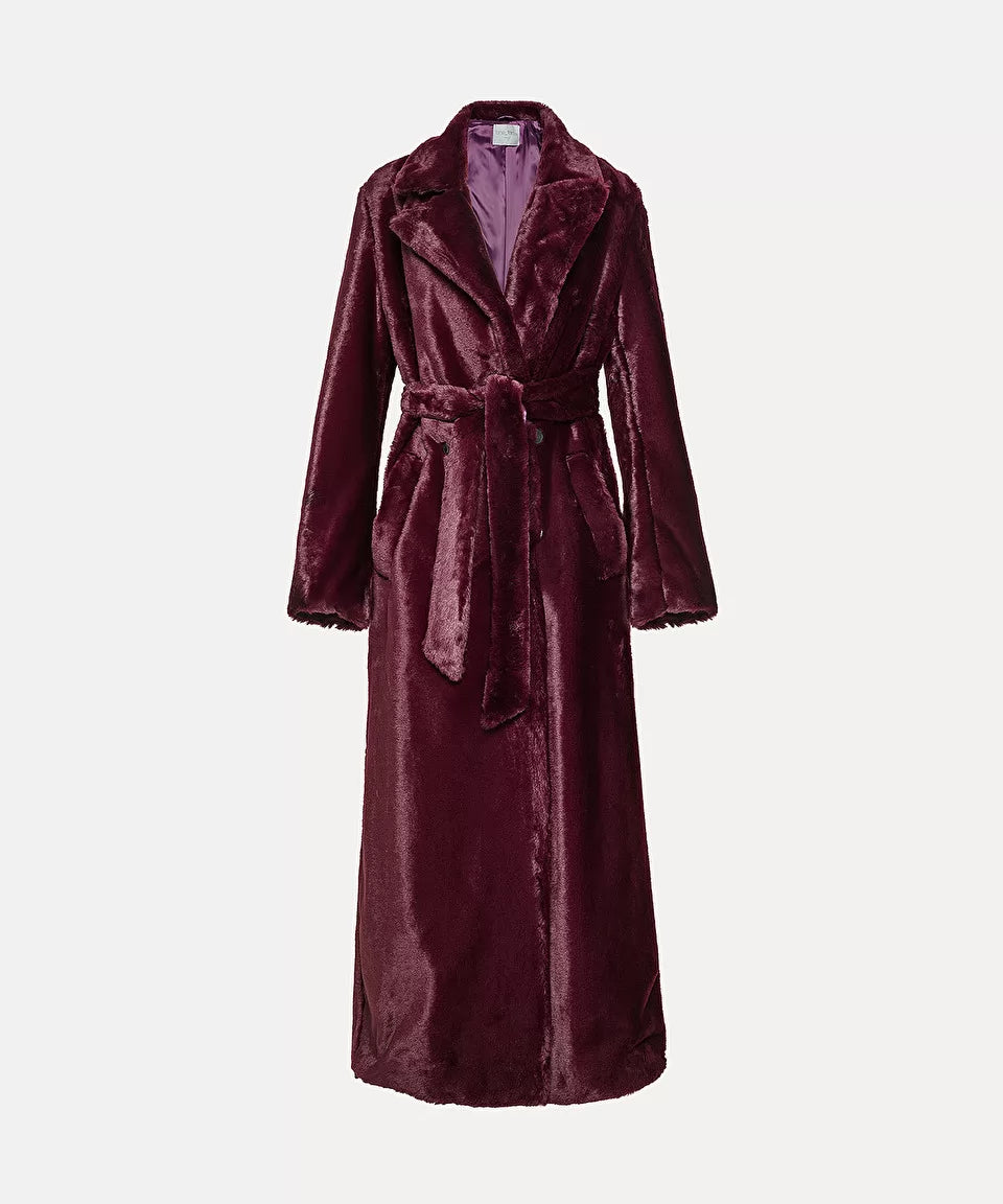 Double Breasted Coat in Faux Fur - Ruby