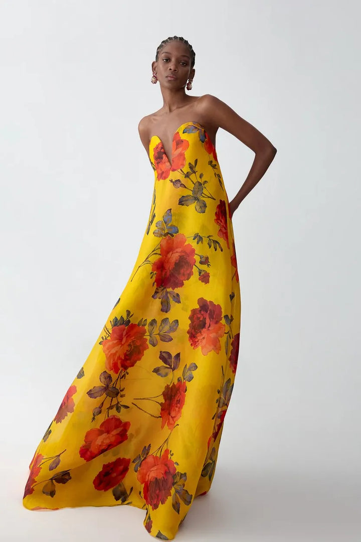 Rose-Print Organza V-Neck Gown - Topaz