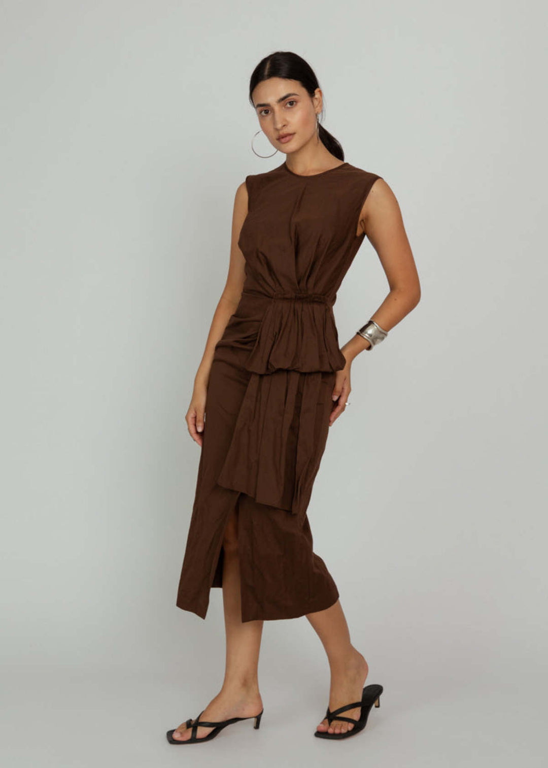 Sleeveless Gathered Dress - Brown