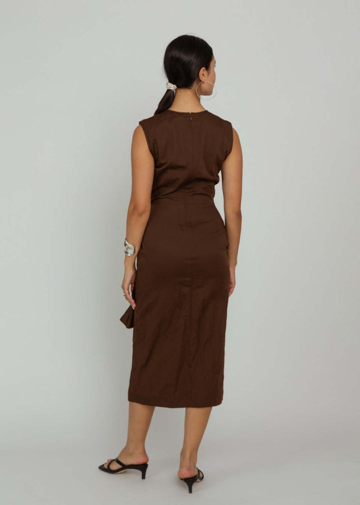Sleeveless Gathered Dress - Brown