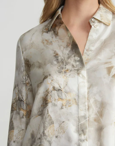 ECO LEAVES PRINT SILK TWILL BUTTONED BLOUSE - Pebble Multi