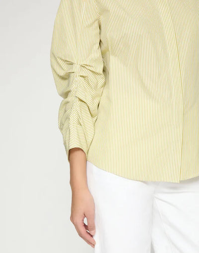 Stripe Cotton Ruched Sleeve Buttoned Shirt - Chartreuse Multi