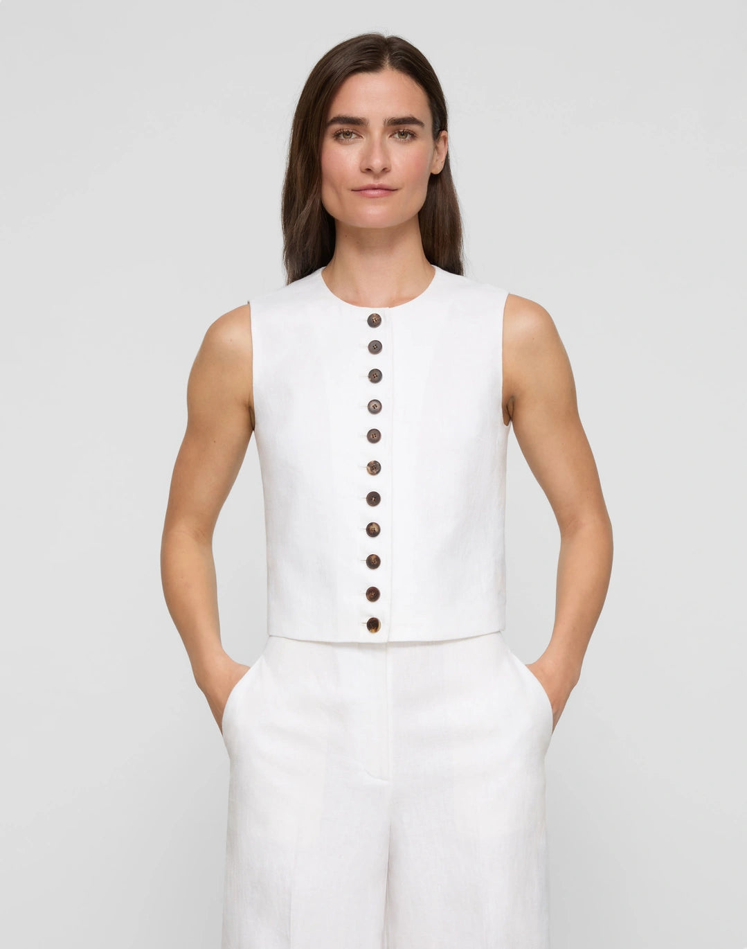 Linen Sleeveless Button Front Blouse - White