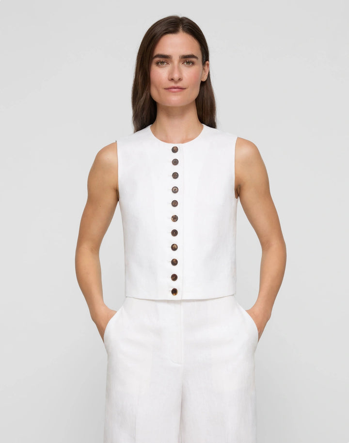 Linen Sleeveless Button Front Blouse - White