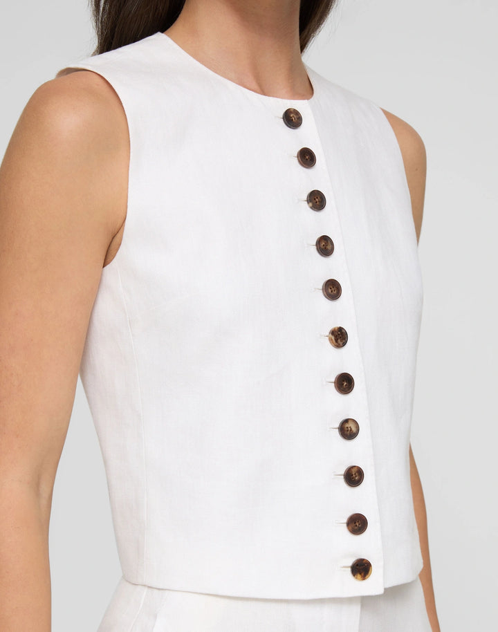 Linen Sleeveless Button Front Blouse - White