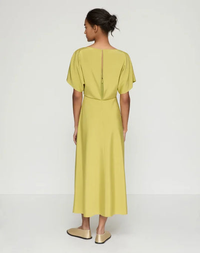 Organic Stretch Silk Crepe De Chine Butterfly Sleeve Midi Dress - Chartreuse
