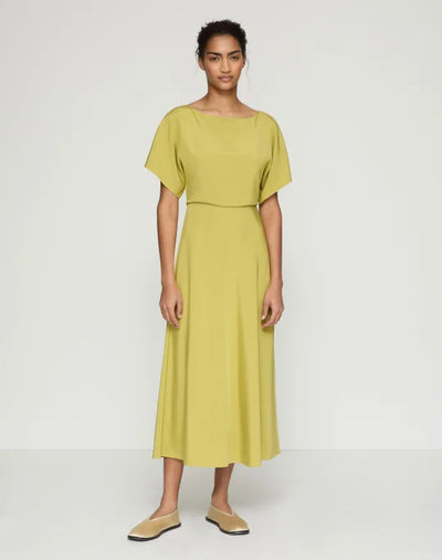 Organic Stretch Silk Crepe De Chine Butterfly Sleeve Midi Dress - Chartreuse