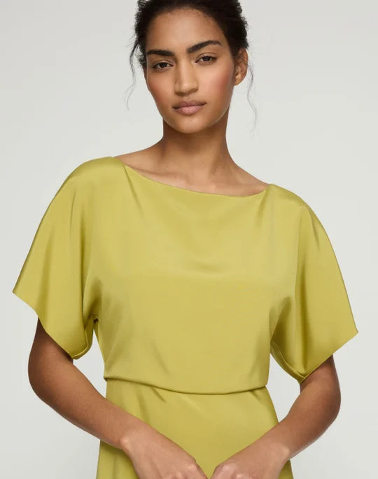 Organic Stretch Silk Crepe De Chine Butterfly Sleeve Midi Dress - Chartreuse