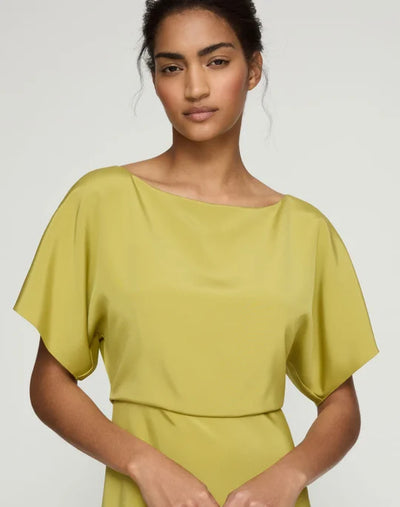Organic Stretch Silk Crepe De Chine Butterfly Sleeve Midi Dress - Chartreuse