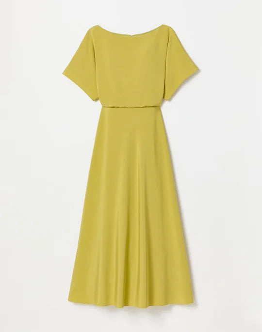Organic Stretch Silk Crepe De Chine Butterfly Sleeve Midi Dress - Chartreuse