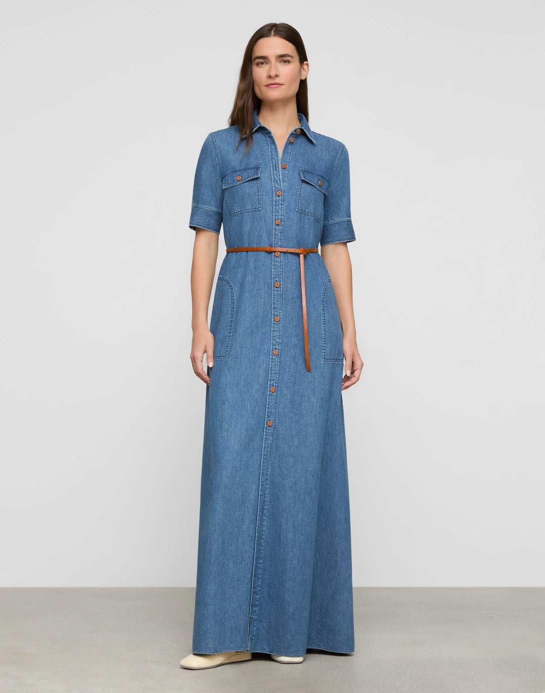 Chambray Patch Pocket Maxi Shirtdress - Medium Blue