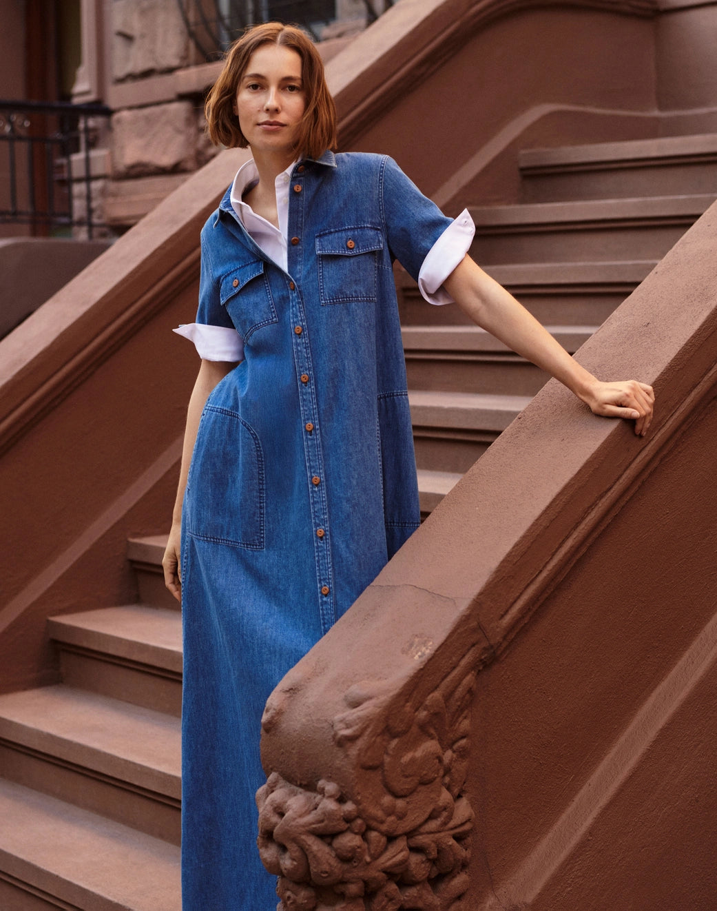 Chambray Patch Pocket Maxi Shirtdress - Medium Blue