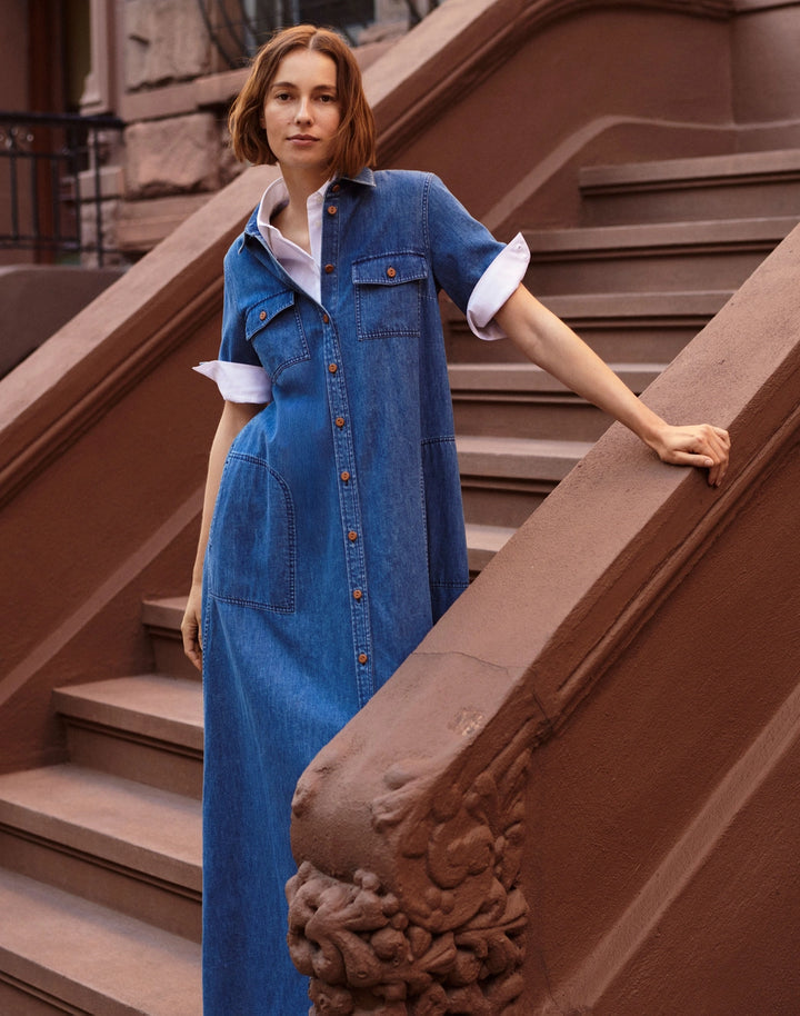 Chambray Patch Pocket Maxi Shirtdress - Medium Blue