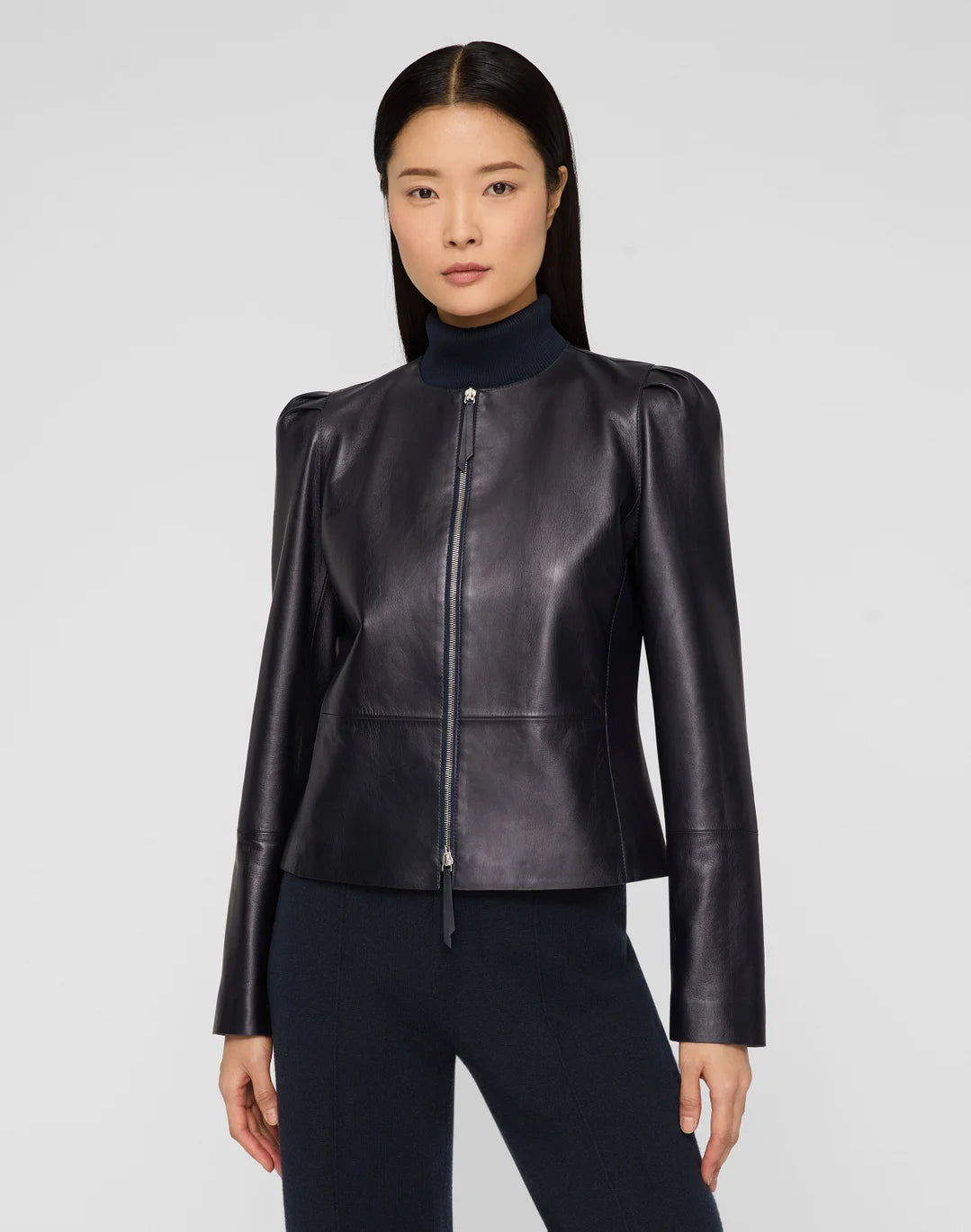 Nappa Leather Collarless Fitted Jacket - Ink