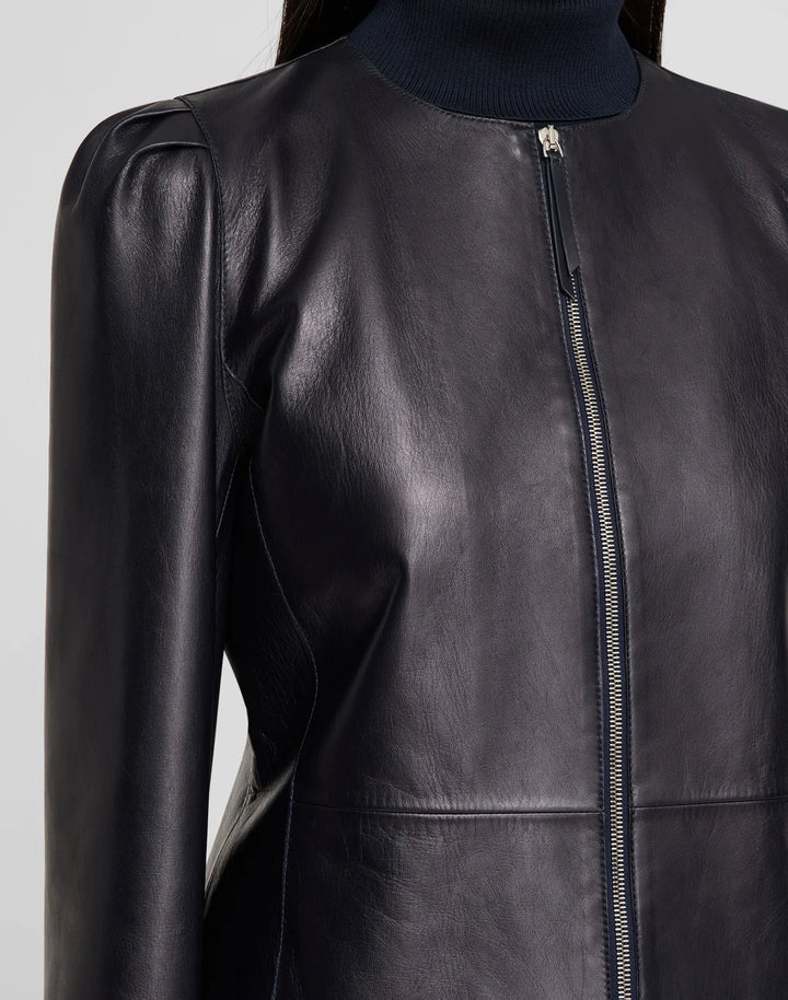 Nappa Leather Collarless Fitted Jacket - Ink