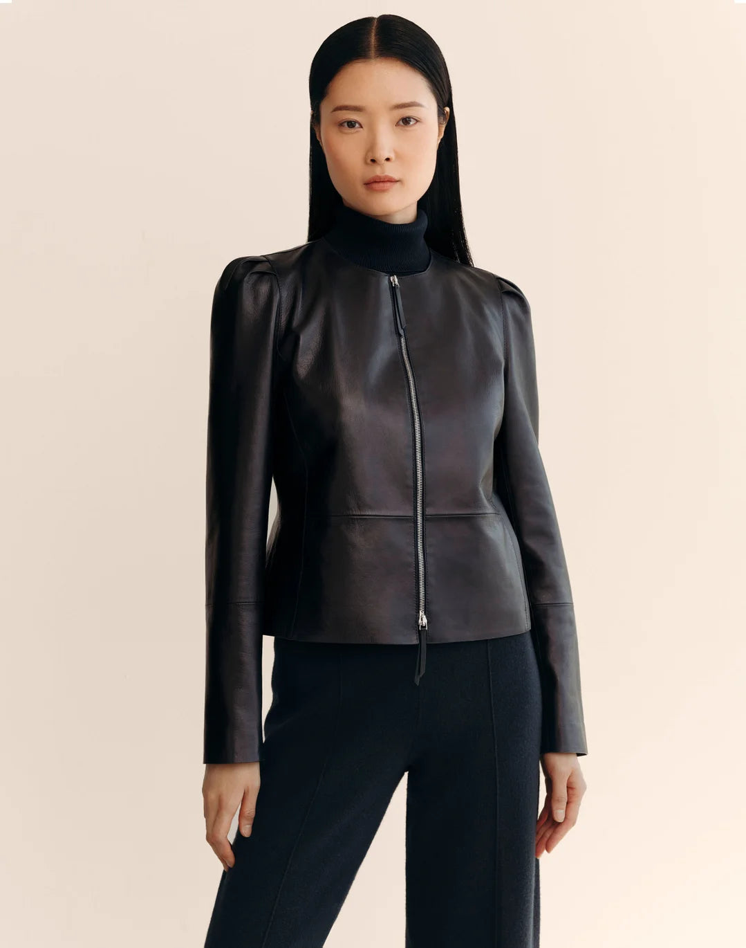 Nappa Leather Collarless Fitted Jacket - Ink