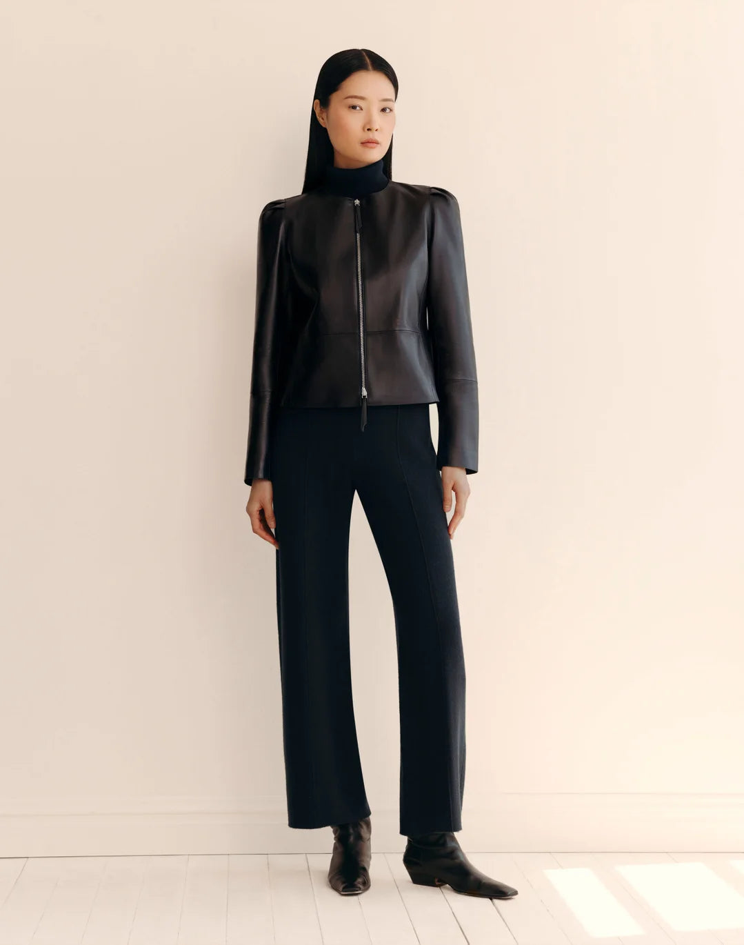 Nappa Leather Collarless Fitted Jacket - Ink