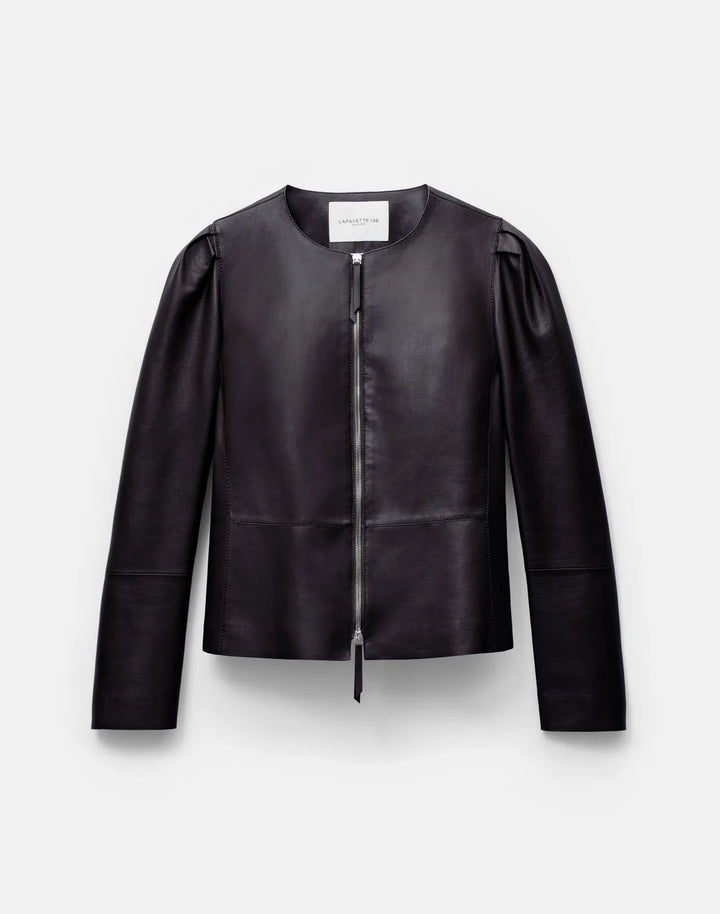 Nappa Leather Collarless Fitted Jacket - Ink