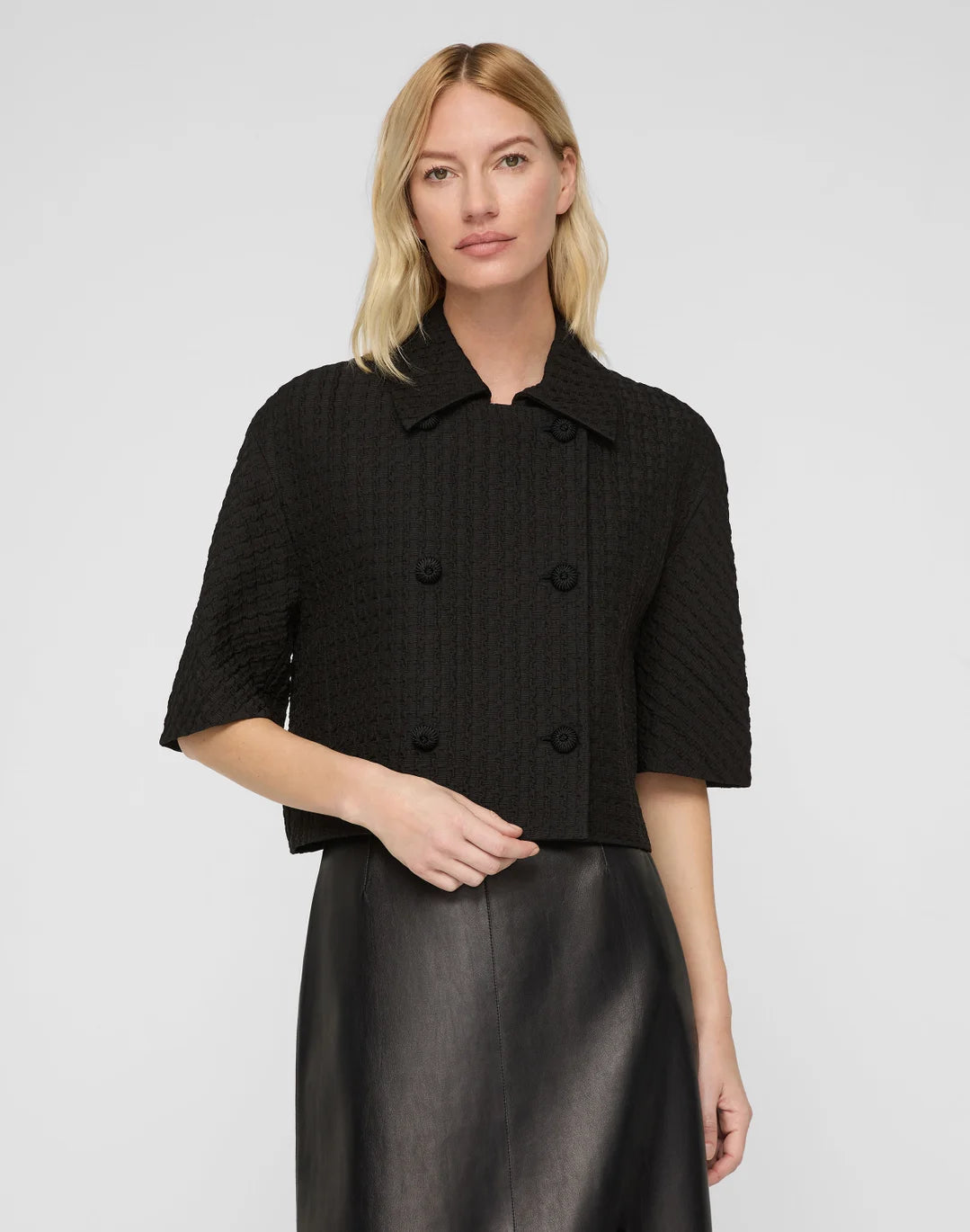 Jacquard Double Breasted Short Sleeve Jacket - Black