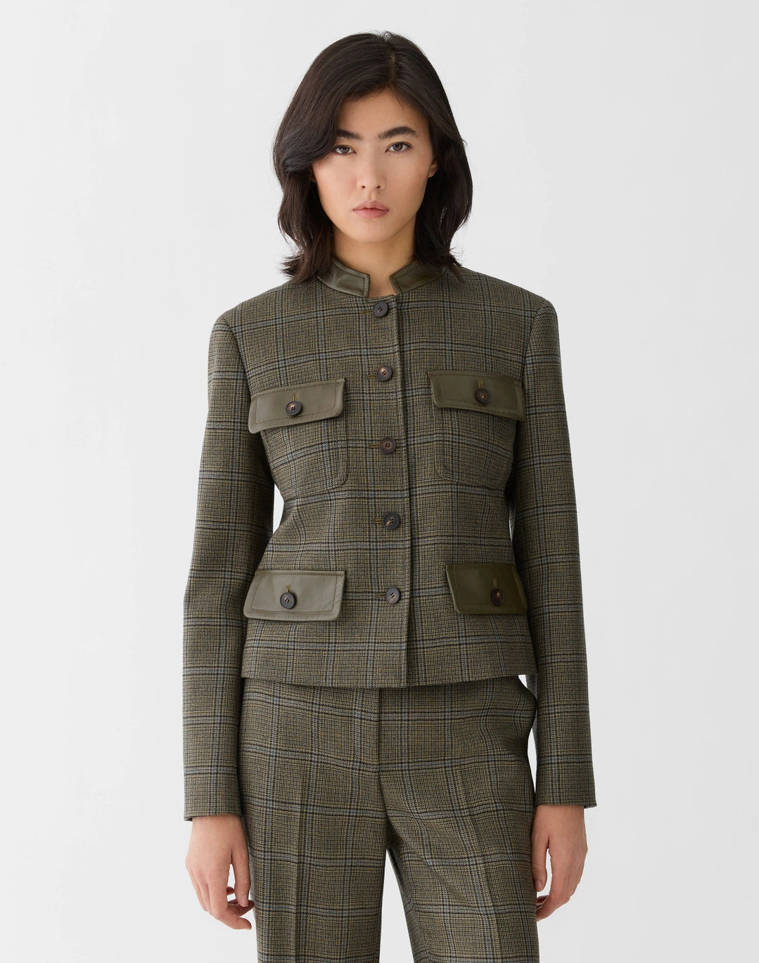 Wool Glen Plaid Cropped Jacket - Olive Multi