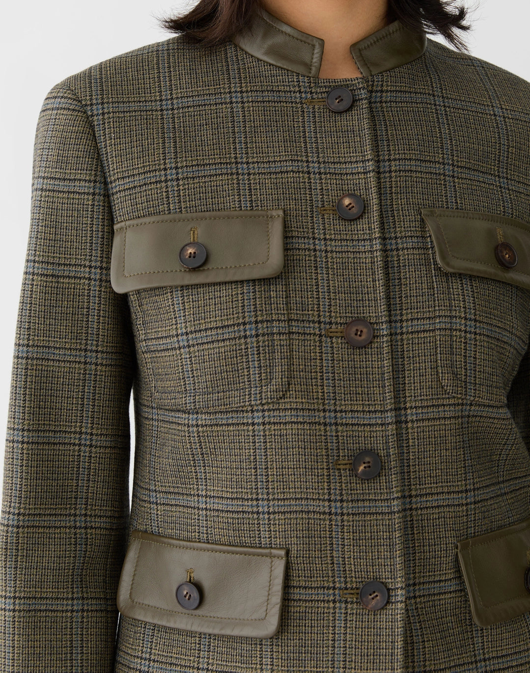 Wool Glen Plaid Cropped Jacket - Olive Multi